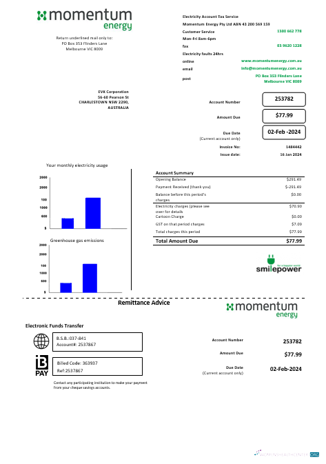 Download Australia Momentum Energy business utility bill template in Word and PDF format Photoshop template